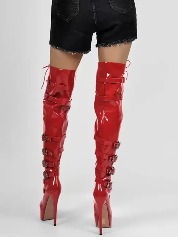Sexy Platform Over The Knee Boots Buckle Detail Stiletto Heel Thigh High Boots