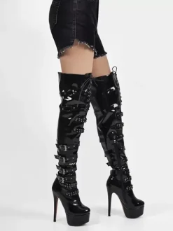 Sexy Platform Over The Knee Boots Buckle Detail Stiletto Heel Thigh High Boots