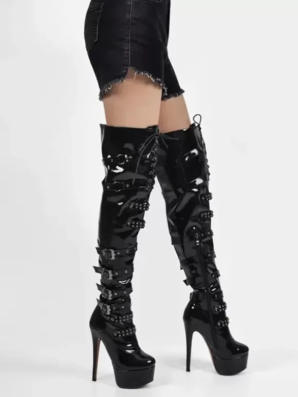 Sexy Platform Over The Knee Boots Buckle Detail Stiletto Heel Thigh High Boots