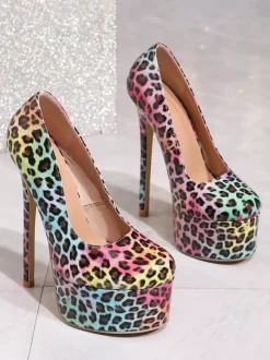 Sexy Platform Pumps Women's Round Toe Leopard Slip On High Heels