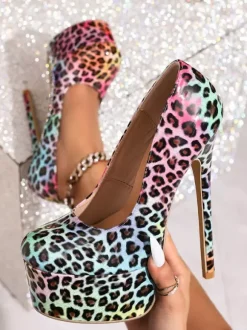 Sexy Platform Pumps Women's Round Toe Leopard Slip On High Heels