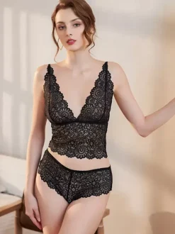 Sexy Sheer Mesh High Waist Bra Panty Sets Black 2-Piece Lace Lingerie