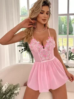 Sexy Sleep Embroidered Semi-Sheer Pink Babydolls & Chemises