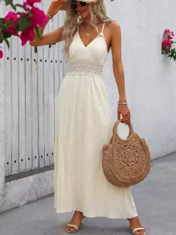 Sexy Vacation Dress Cream Color Maxi Dress With Lace Waist Ideal For Summer Holidays