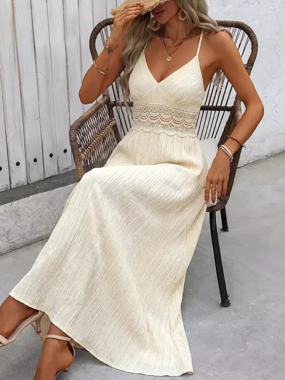 Sexy Vacation Dress Cream Color Maxi Dress With Lace Waist Ideal For Summer Holidays