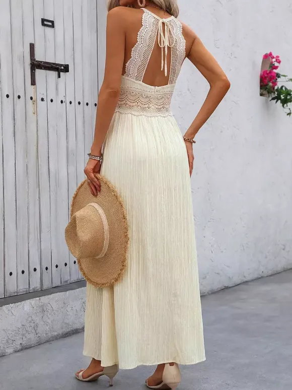 Sexy Vacation Dress Cream Color Maxi Dress With Lace Waist Ideal For Summer Holidays