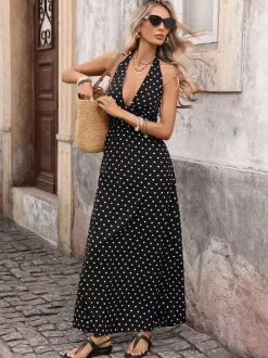 Sexy V Neck Polka Dot Maxi Dress With Halter Design Ideal For Vacation Street Style