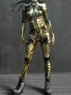 Sexy Womens Bodysuit Cyberpunk Optical Illusion Robot Print Metallic Zentai Costumes