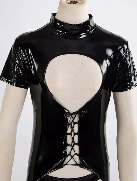 Sexy Zentai Suits Sexy Catsuit Cut Out Shiny Black Crotchless PVC Bodysuit For Women's Gimp Suit