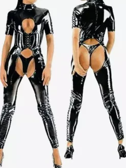 Sexy Zentai Suits Sexy Catsuit Cut Out Shiny Black Crotchless PVC Bodysuit For Women's Gimp Suit