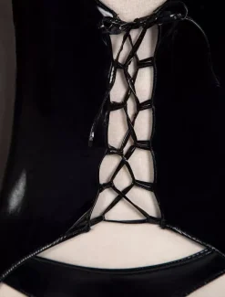 Sexy Zentai Suits Sexy Catsuit Cut Out Shiny Black Crotchless PVC Bodysuit For Women's Gimp Suit