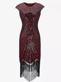 1920s Fashion Style Outfits Flapper Dress Fringe Sequin Party Dress Burgundy