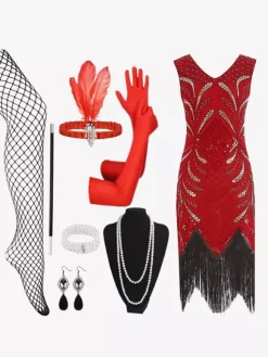 1920s Flapper Dress Retro Costumes Women Sequins Fringe Set Dress Ball Gown Burgundy
