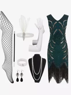 1920s Flapper Dress Retro Costumes Women Sequins Fringe Set Dress Ball Gown Burgundy