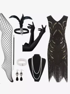 1920s Flapper Dress Retro Costumes Women Sequins Fringe Set Dress Ball Gown Burgundy