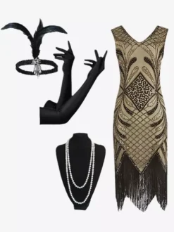 1920s Flapper Dress Retro Costumes Women Sequins Fringe Set Dress Ball Gown Burgundy