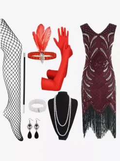 1920s Flapper Dress Retro Costumes Women Sequins Fringe Set Dress Ball Gown Burgundy