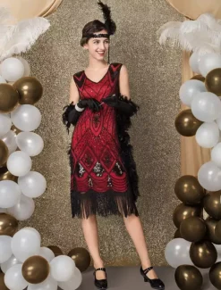 1920s Flapper Dress Retro Great Gatsby Dress Airport Round Neck Short Sleeves 20s Party Tassels Outfits Burgundy