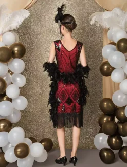 1920s Flapper Dress Retro Great Gatsby Dress Airport Round Neck Short Sleeves 20s Party Tassels Outfits Burgundy