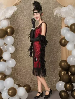 1920s Flapper Dress Retro Great Gatsby Dress Airport Round Neck Short Sleeves 20s Party Tassels Outfits Burgundy
