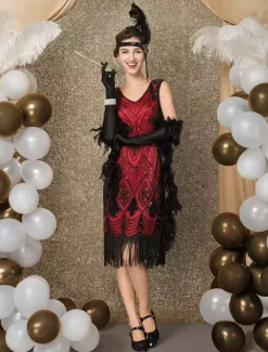 1920s Flapper Dress Retro Great Gatsby Dress Airport Round Neck Short Sleeves 20s Party Tassels Outfits Burgundy