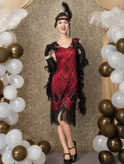 1920s Flapper Dress Retro Great Gatsby Dress Airport Round Neck Short Sleeves 20s Party Tassels Outfits Burgundy