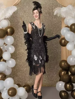1920s Flapper Dress Retro Great Gatsby Dress Airport Round Neck Short Sleeves 20s Party Tassels Outfits Burgundy