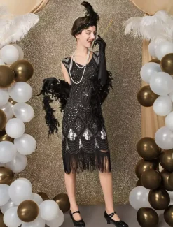 1920s Flapper Dress Retro Great Gatsby Dress Airport Round Neck Short Sleeves 20s Party Tassels Outfits Burgundy