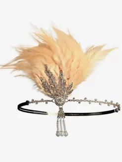 1920s Great Gatsby Accessory Flapper Headband Red Feathers Rhinestone Hairpiece