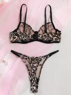 Shaping Lingerie Lace Up Leopard Print Brown 2-Piece Bra Panty 2-Piece Sets