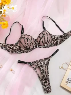 Shaping Lingerie Lace Up Leopard Print Brown 2-Piece Bra Panty 2-Piece Sets