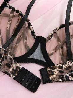 Shaping Lingerie Lace Up Leopard Print Brown 2-Piece Bra Panty 2-Piece Sets