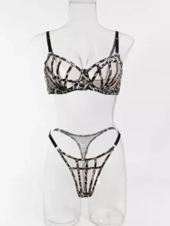 Shaping Lingerie Lace Up Leopard Print Brown 2-Piece Bra Panty 2-Piece Sets