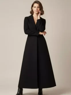 Shawl Collar Full-Length Woolen Coat With A-Line And V-Neck For Women 2026