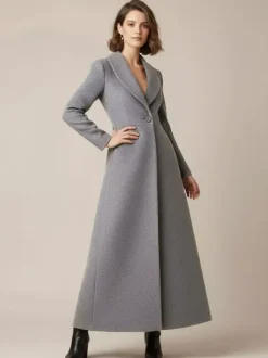 Shawl Collar Full-Length Woolen Coat With A-Line And V-Neck For Women 2026