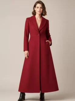 Shawl Collar Full-Length Woolen Coat With A-Line And V-Neck For Women 2026