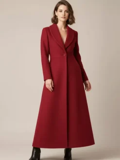 Shawl Collar Full-Length Woolen Coat With A-Line And V-Neck For Women 2026