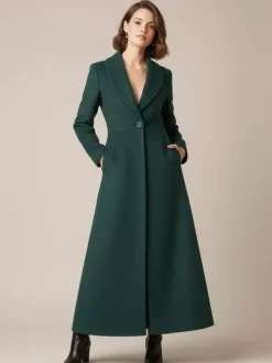 Shawl Collar Full-Length Woolen Coat With A-Line And V-Neck For Women 2026