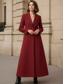 Shawl Collar Full-Length Woolen Coat With A-Line And V-Neck For Women 2026