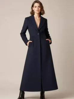 Shawl Collar Full-Length Woolen Coat With A-Line And V-Neck For Women 2026
