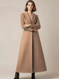 Shawl Collar Full-Length Woolen Coat With A-Line And V-Neck For Women 2026