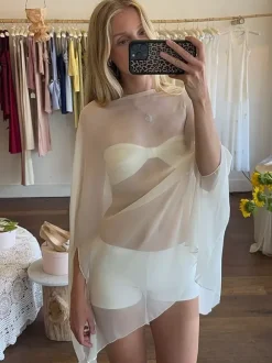 Sheer Chiffon Batwing Sleeve Cape Beach Cover Up