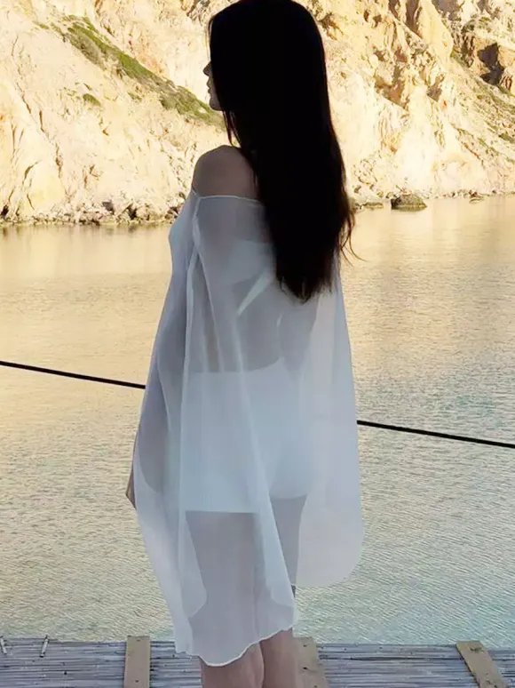 Sheer Chiffon Batwing Sleeve Cape Beach Cover Up
