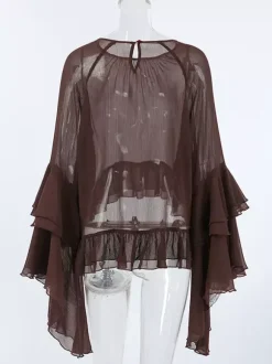 Sheer Chiffon Blouse Women's Flare Sleeve Top - Brown Boho Ruffle Tiered Loose Fit - Spring Party Night 2026