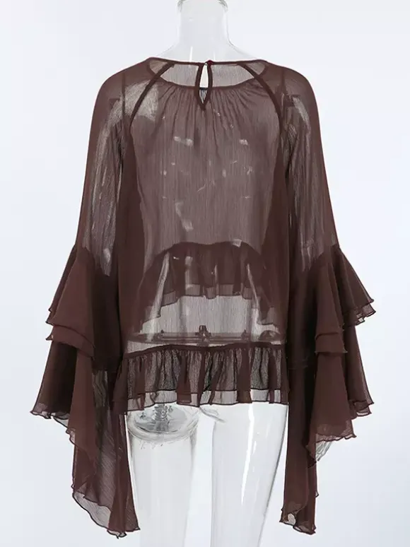 Sheer Chiffon Blouse Women's Flare Sleeve Top - Brown Boho Ruffle Tiered Loose Fit - Spring Party Night 2026