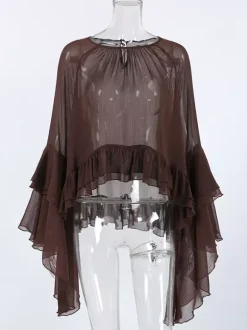 Sheer Chiffon Blouse Women's Flare Sleeve Top - Brown Boho Ruffle Tiered Loose Fit - Spring Party Night 2026