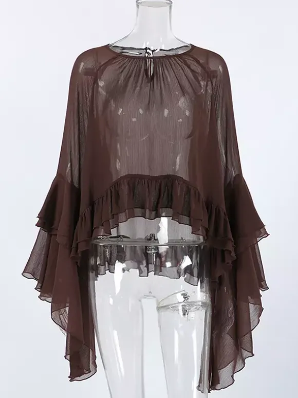 Sheer Chiffon Blouse Women's Flare Sleeve Top - Brown Boho Ruffle Tiered Loose Fit - Spring Party Night 2026