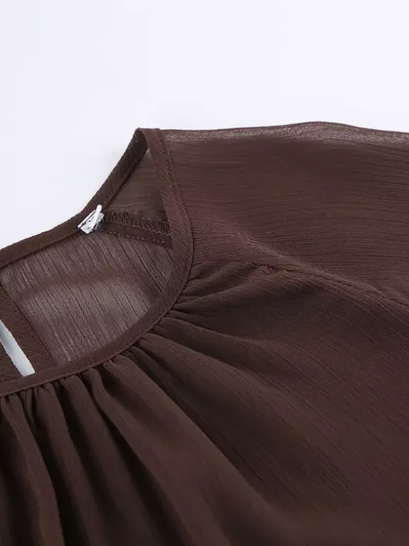 Sheer Chiffon Blouse Women's Flare Sleeve Top - Brown Boho Ruffle Tiered Loose Fit - Spring Party Night 2026