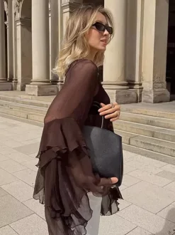 Sheer Chiffon Blouse Women's Flare Sleeve Top - Brown Boho Ruffle Tiered Loose Fit - Spring Party Night 2026