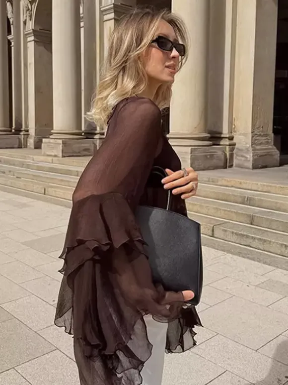 Sheer Chiffon Blouse Women's Flare Sleeve Top - Brown Boho Ruffle Tiered Loose Fit - Spring Party Night 2026